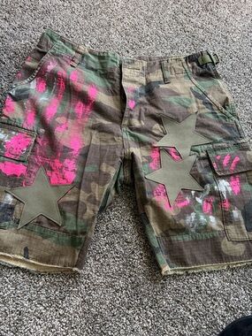 MNML Camo Cargo Shorts with Pink Paint and Star Patches